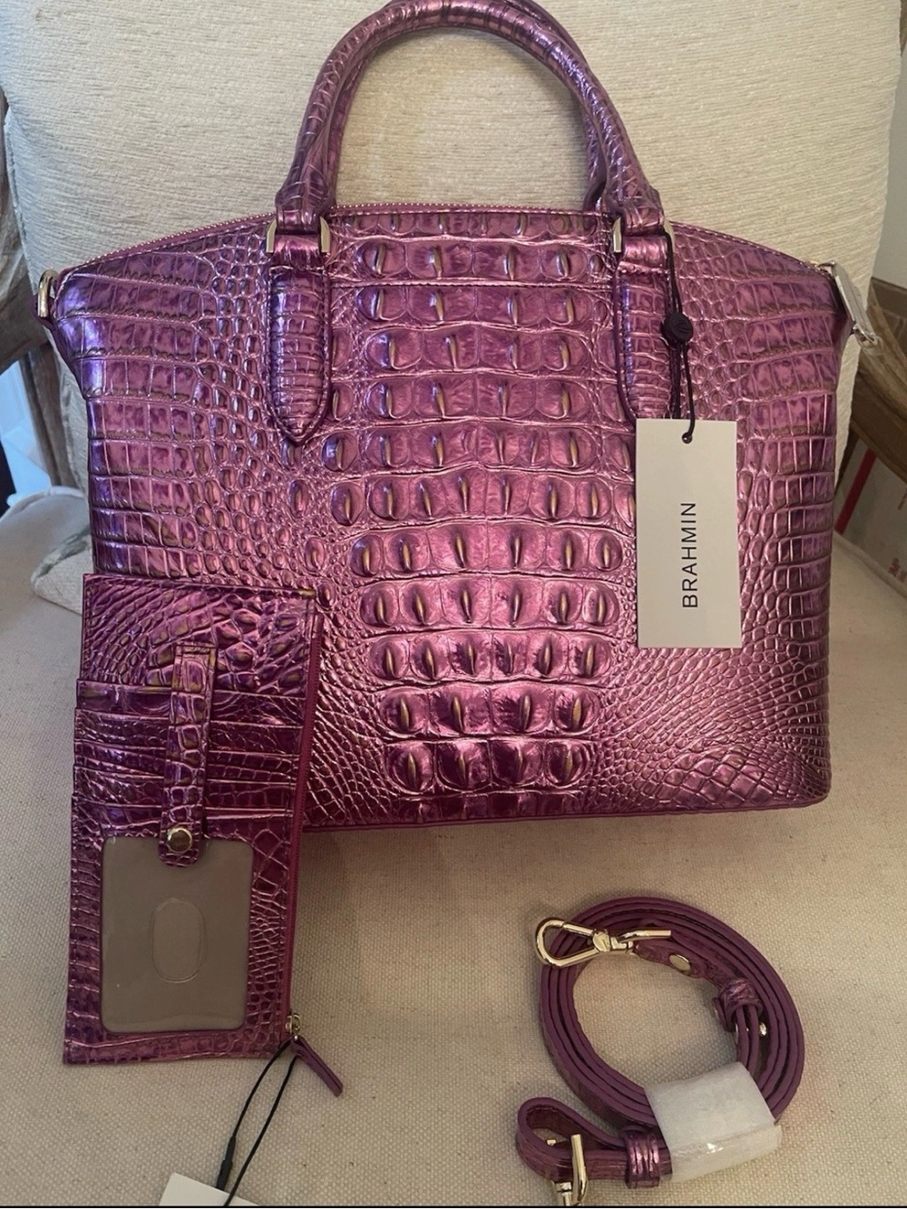 Brahmin Bright Pink Duxbury Satchel In OPERA & Matching CC Wallet NWT - Picture 8 of 15